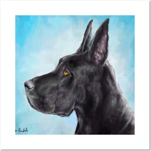 Painting of a Black Great Dane with Light Blue Background Posters and Art